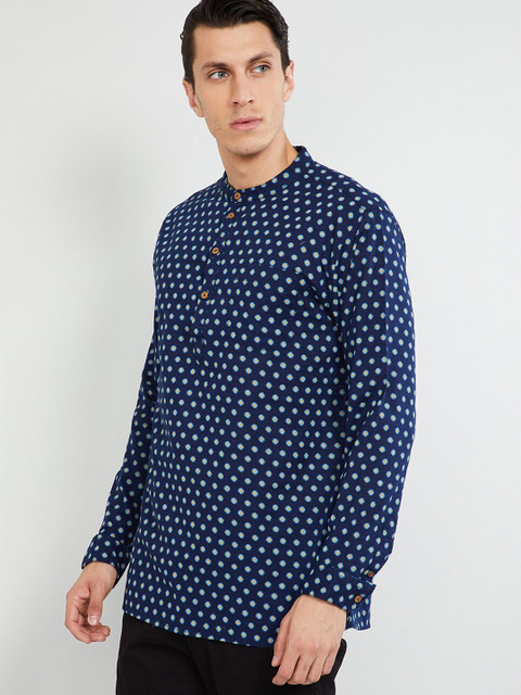 

max Men Navy Blue & White Woven Design Straight Kurta