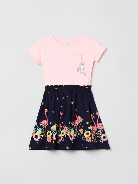 

max Girls Pink & Navy Blue Colourblocked Fit and Flare Dress