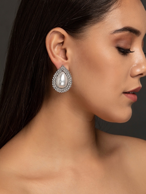 

DIVA WALK EXCLUSIVE Silver-Plated & White CZ Pearl Teardrop Shaped Drop Earrings