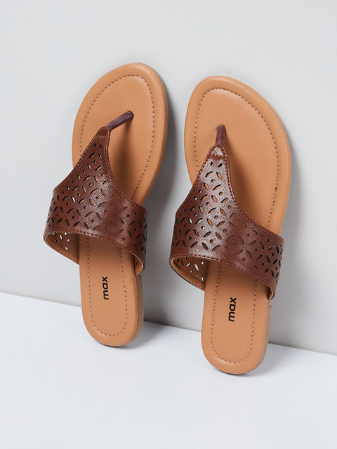 

max Women Brown Textured PU Open Toe Flats