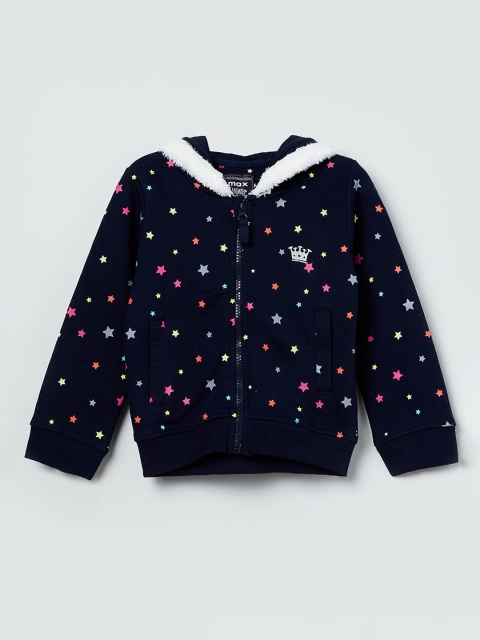 

max Girls Navy Blue & Pink Printed Hooded Sweatshirt