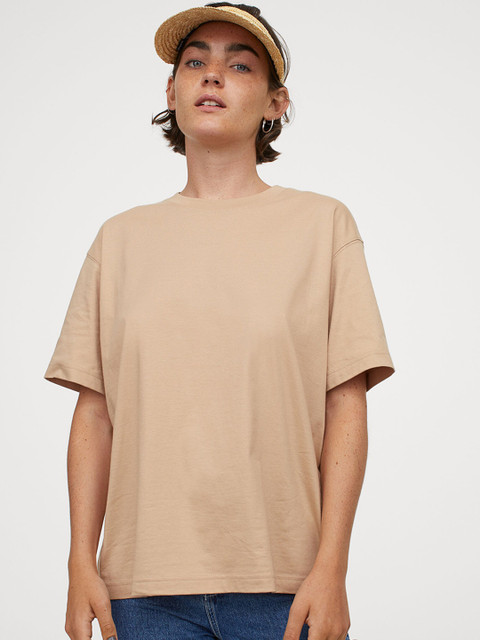 

H&M Women Beige Wide Cotton T-shirt