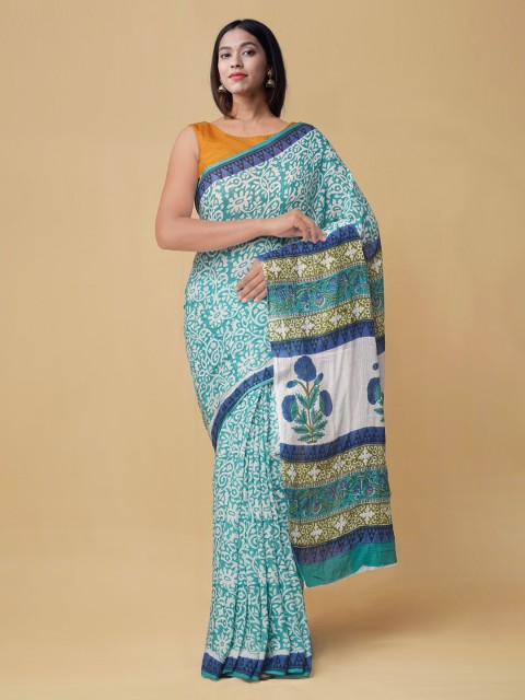 

Unnati Silks Green Pure Cotton Printed Block Print Saree
