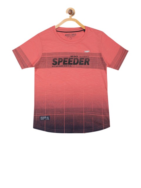 

Monte Carlo Boys Coral Pink & Black Printed Round Neck T-shirt