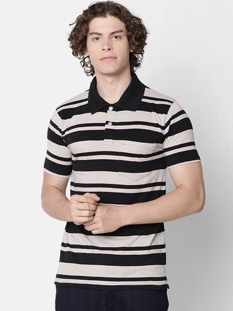

IMYOUNG Men Black & Beige Striped Polo Collar T-shirt