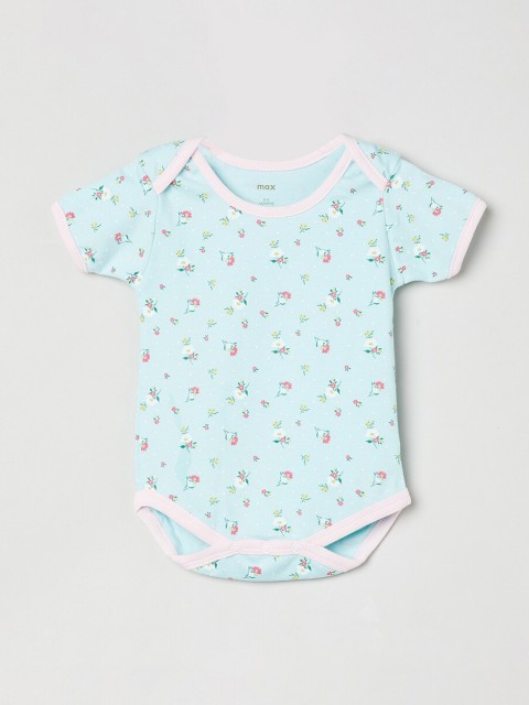 

max Girls Blue Floral Print Bodysuit with Beanie and Embroidered Bib