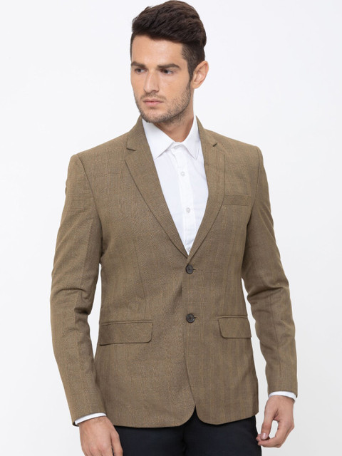 

Globus Men Brown Checked Regular-Fit Single-Breasted Formal Pure Cotton Blazer
