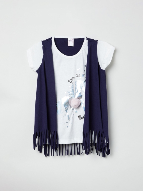 

max Girls Navy Blue Printed Layered Pure Cotton Top