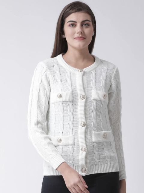 

Club York Women White Self Design Cardigan Sweater