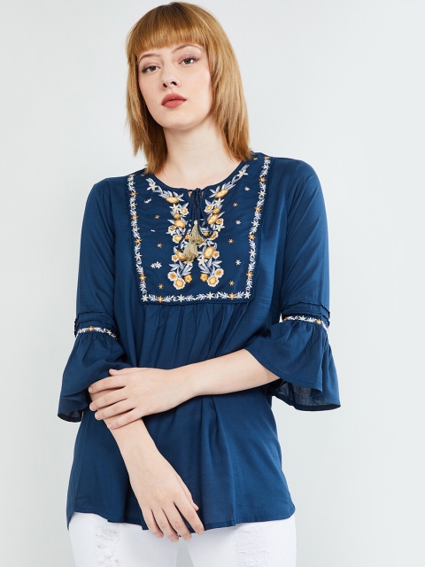 

MAX Women Blue Embroidered Tunic