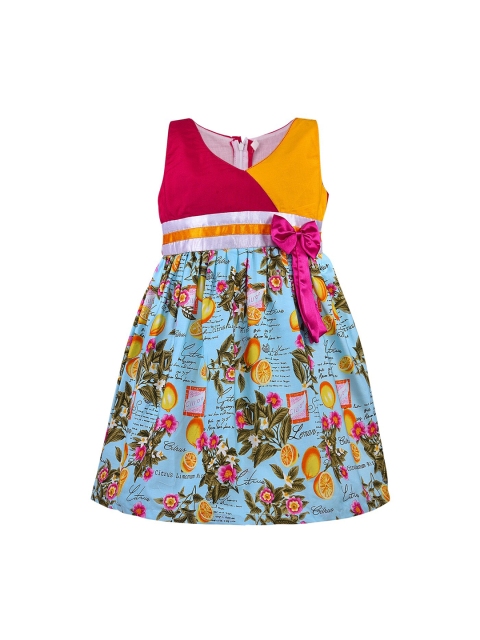 

Wish Karo Girls Blue & Red Floral Print A-Line Colourblocked Dress