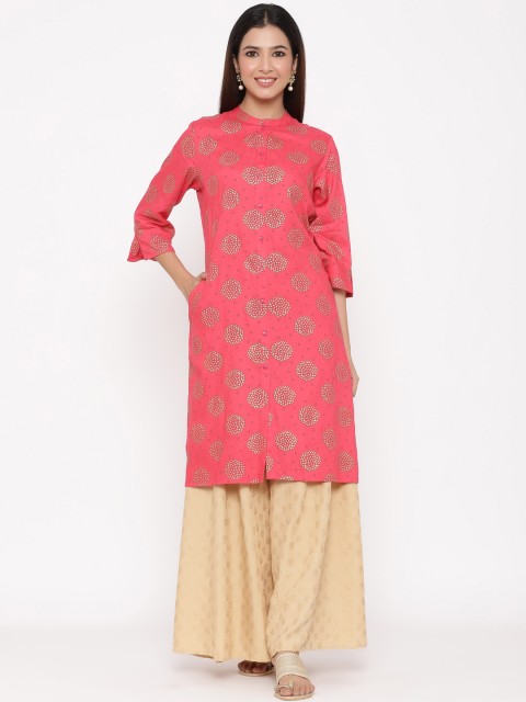 

Juniper Women Pink & Gold-Toned Woven Design Straight Kurta