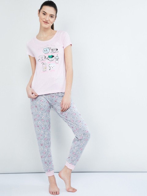 

max Women Pink & Grey Printed Night Suit