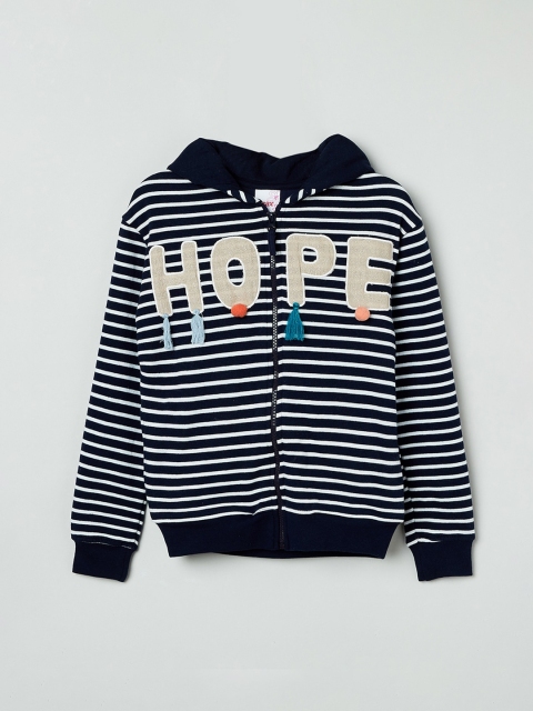 

max Girls Navy Blue & White Striped Hooded Sweatshirt
