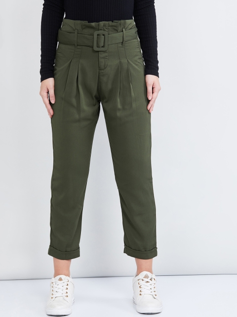 

max Women Olive Green Slim Fit Solid Regular Trousers