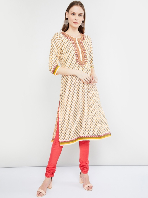 

max Women Yellow & Coral Floral Printed Kurta with Churidar & Dupatta