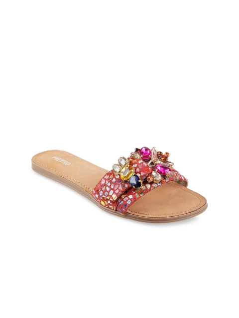 

Metro Women Red Woven Design Leather Open Toe Flats