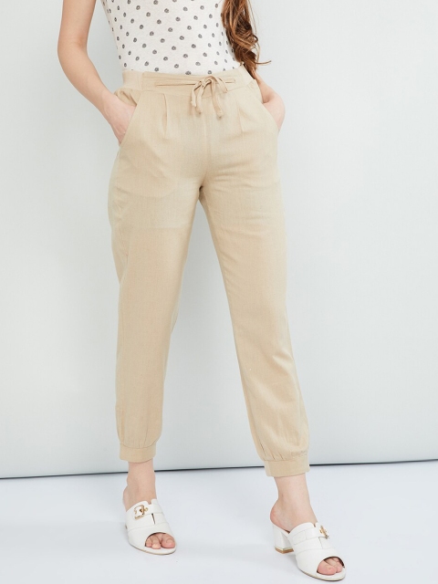 max Women Khaki Slim Fit Solid Regular Trousers