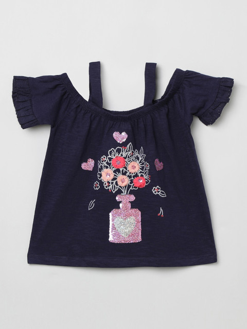 

max Girls Navy Blue Floral Embroidered Pure Cotton Top