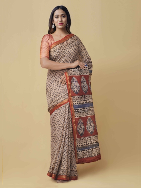 

Unnati Silks Beige & Red Silk Cotton Printed Handloom Kota Saree