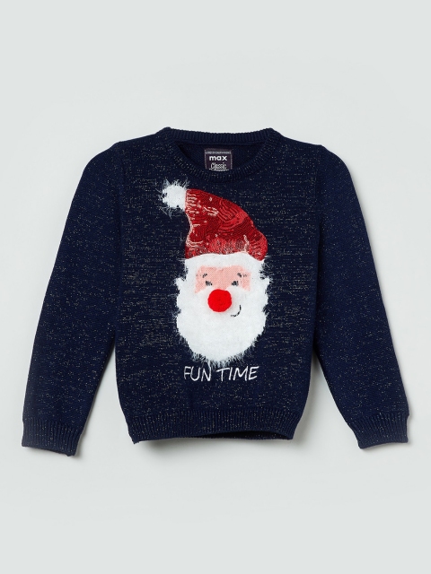 

max Girls Navy Blue & White Self Design Embellished Pullover Sweater