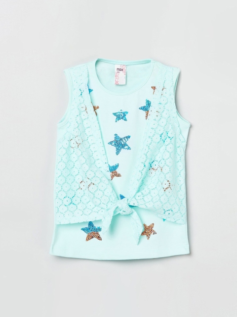 

max Girls Sea Green Embellished Pure Cotton Top