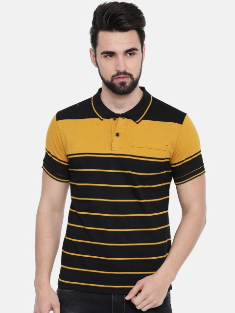 

IMYOUNG Men Black & Yellow Striped Polo Collar Slim Fit T-shirt