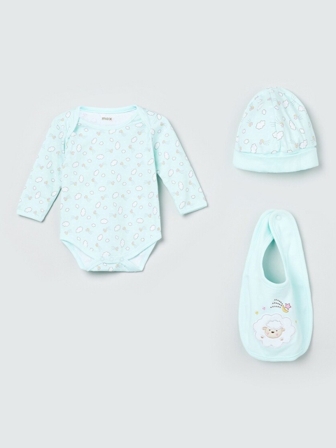 max Infant Girls Blue Printed Romper with Bib & Beanie