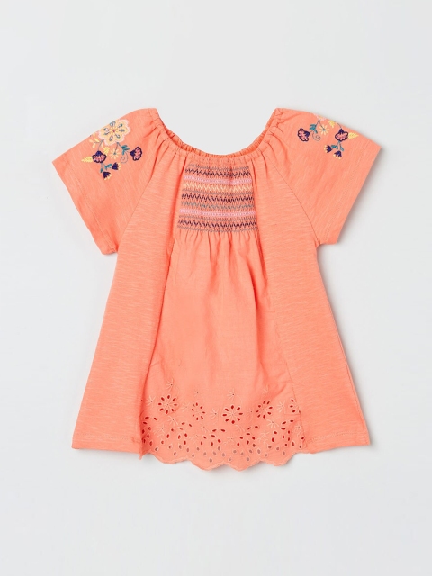 

max Girls Peach-Coloured Floral Embroidered Smocked Cut-Out A-Line Pure Cotton Top