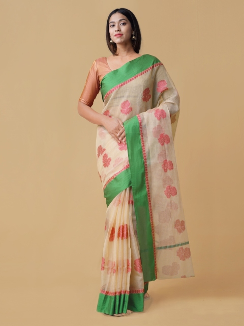 

Unnati Silks Cream-Coloured & Pink Silk Cotton Printed Handloom Kota Saree