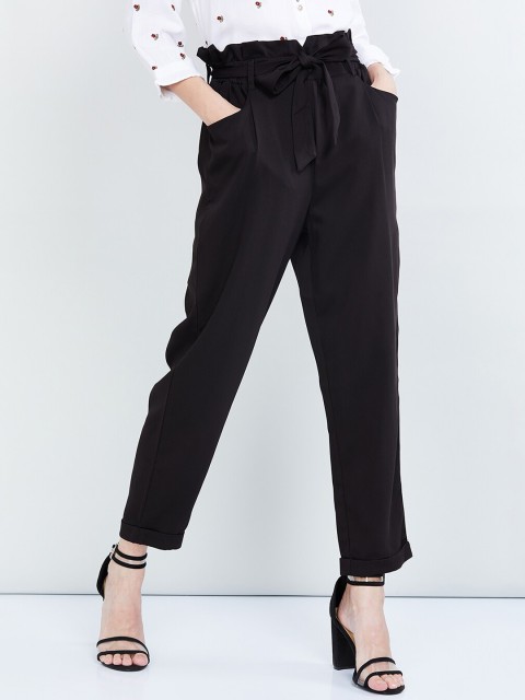 

max Women Black Slim Fit Solid Regular Trousers