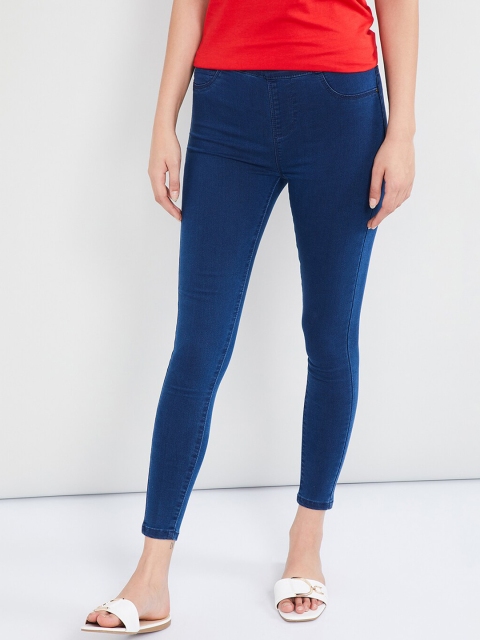

max Women Blue Solid Skinny-Fit Cropped Jeggings