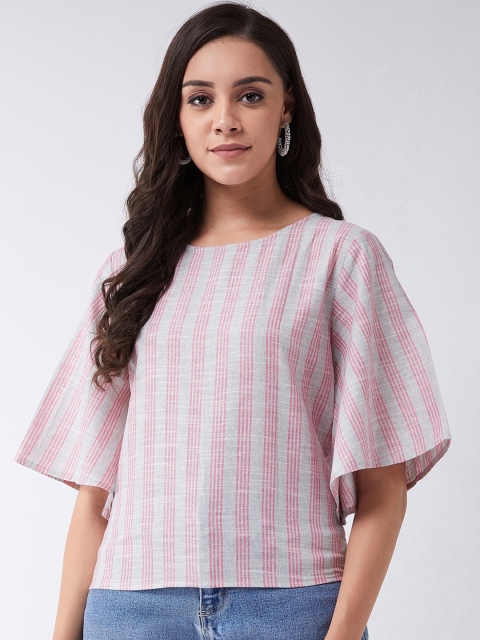 

InWeave Women Grey and Pink Striped Pure Cotton Top