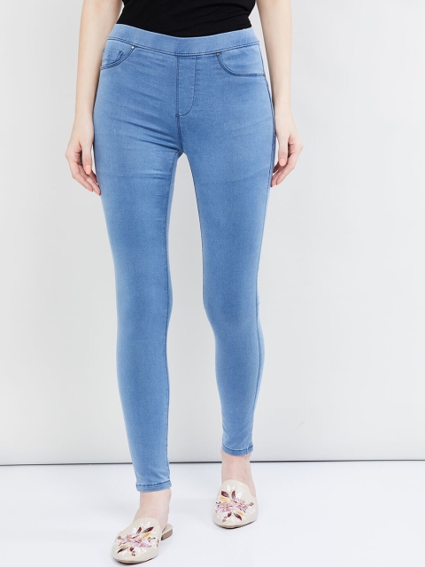 max Women Blue Solid Skinny-Fit Jeggings