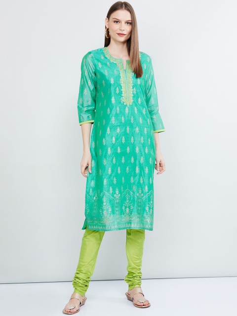 

max Women Green & Lime Green Printed Kurta with Churidar & Dupatta
