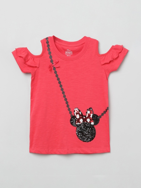 

max Girls Coral Pink Minnie Mouse Sequinned Pure Cotton Top