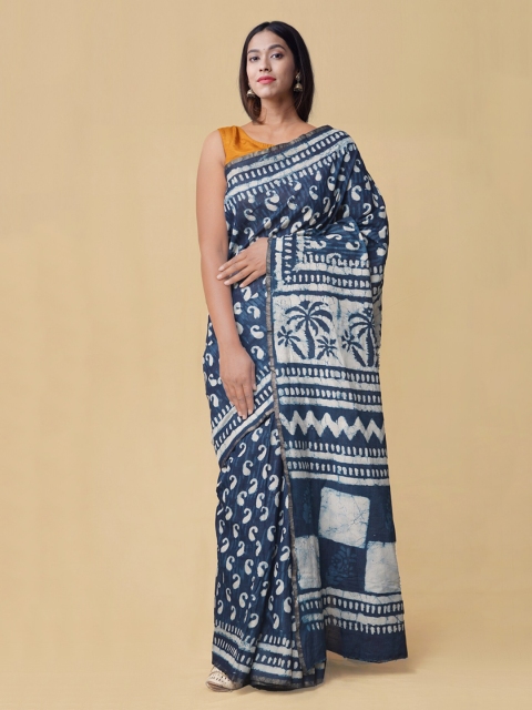 

Unnati Silks Blue & Off-White Silk Cotton Printed Chanderi Saree