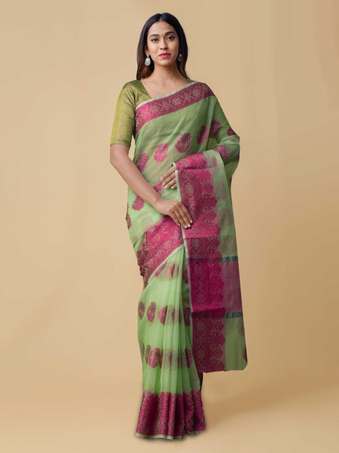 

Unnati Silks Green & Pink Silk Cotton Woven Design Handloom Kota Saree