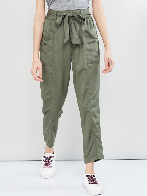 max Women Olive Green Slim Fit Solid Peg Trousers