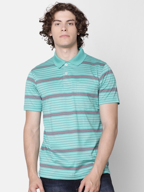 

IMYOUNG Men Green & Maroon Striped Polo Collar Slim Fit T-shirt