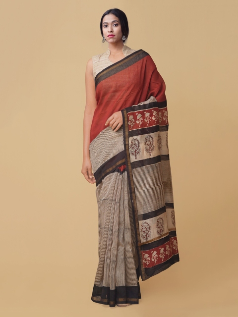 

Unnati Silks Beige & Red Silk Cotton Printed Chanderi Saree