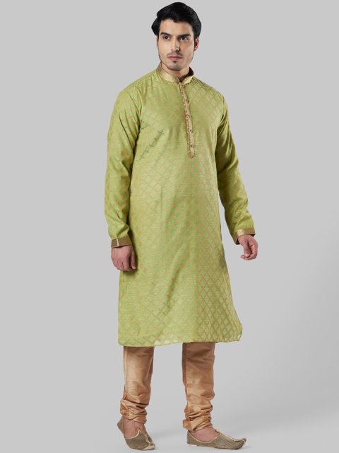 

Ethnix by Raymond Men Green & Beige Woven Design Straight Kurta