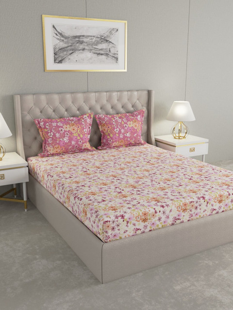 

Raymond Home White & Pink Floral 144 TC Cotton 1 King Bedsheet with 2 Pillow Covers