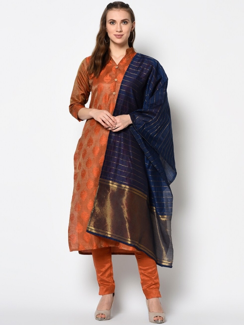 

DIVASTRI Orange & Navy Blue Silk Blend Unstitched Dress Material