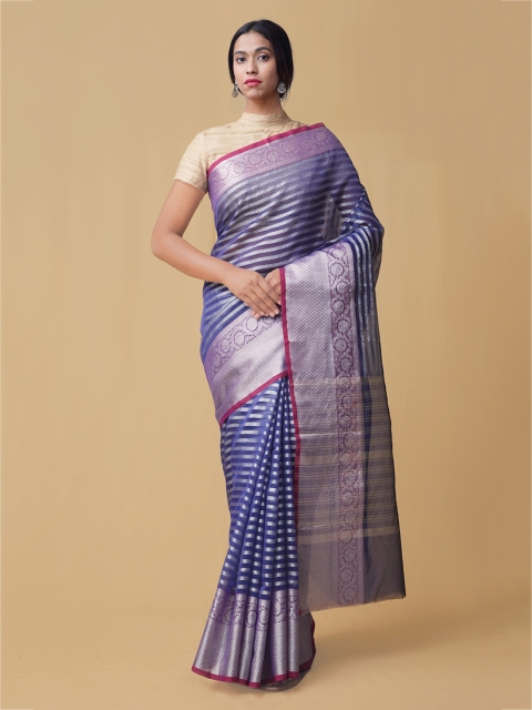 

Unnati Silks Blue & Silver-Toned Silk Blend Woven Design Banarasi Saree