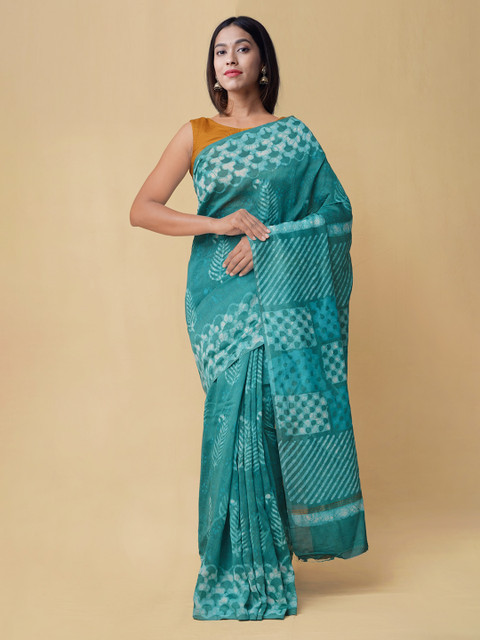 

Unnati Silks Green Silk Cotton Dabu Printed Chanderi Saree