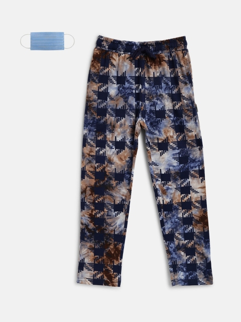

Lil Tomatoes Boys Brown & Blue Printed Straight-Fit Track Pants With Face Mask
