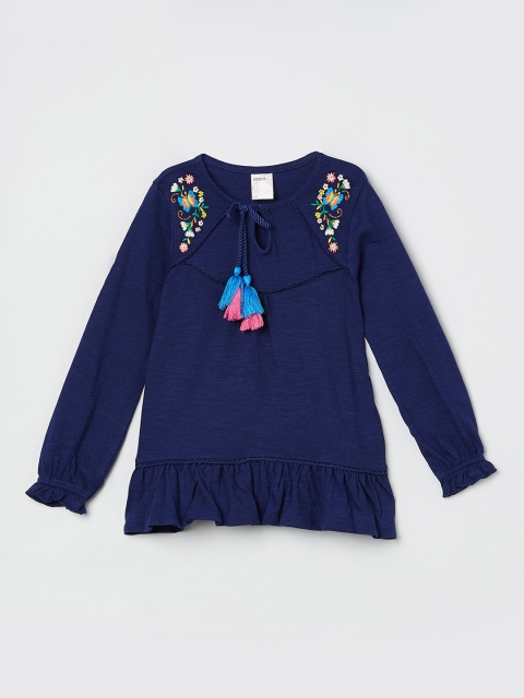 

max Girls Blue Embroidered Pure Cotton Top