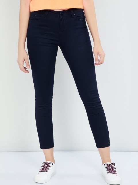 

max Women Navy Blue Slim Fit Solid Regular Trousers