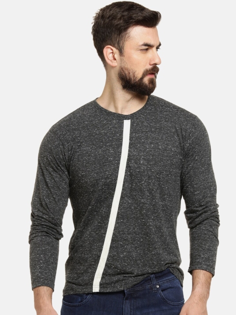 

Campus Sutra Men Charcoal Grey Striped Round Neck T-shirt